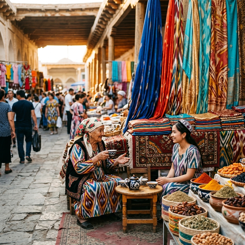 Bazar ouzbek — couleurs, soie et thé partagé